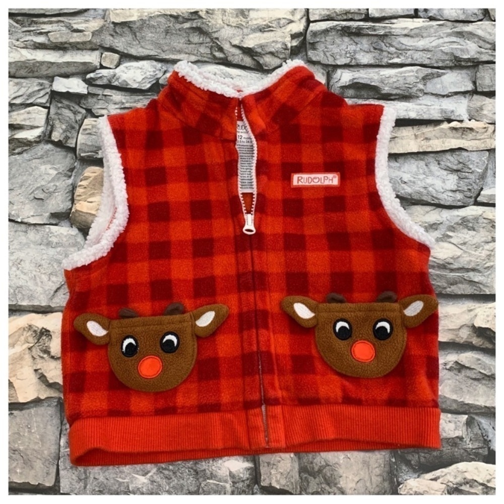 Rudolph Red Nose Reindeer Christmas Zip Up Vest Jacket Fleece Faux Fur 12 Months